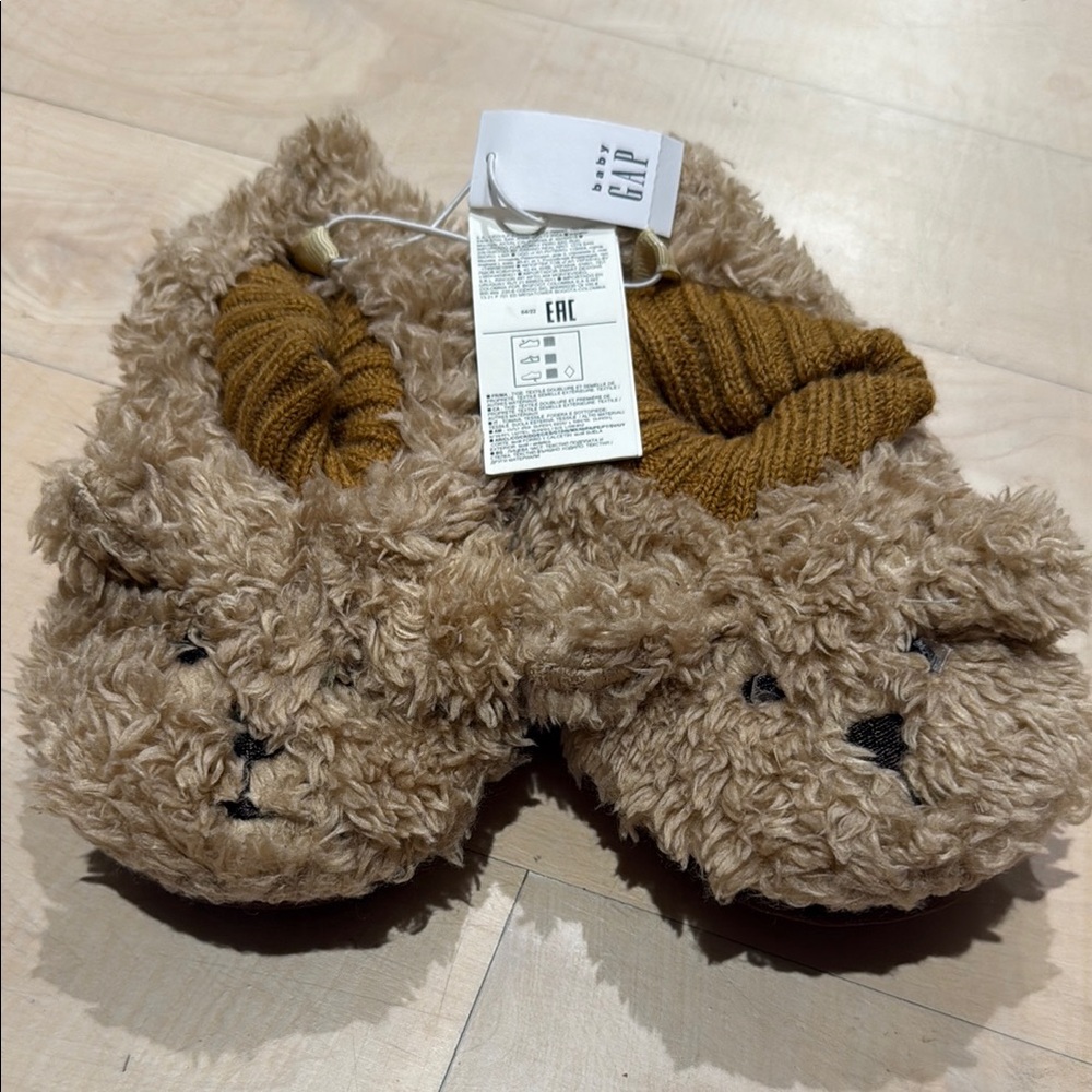Gap Kids Brown Teddy Slippers with Mustard Cuff
